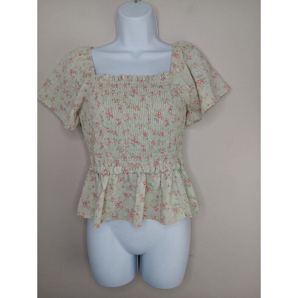 Paper Crane Top Women's Size Small Green Floral Smocked Halter Peasant Boho Y2K